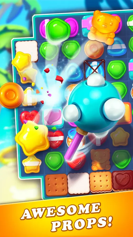 Candy Bomb Smash beach stage where a mallet prop breaks a jelly tile on a crowded board