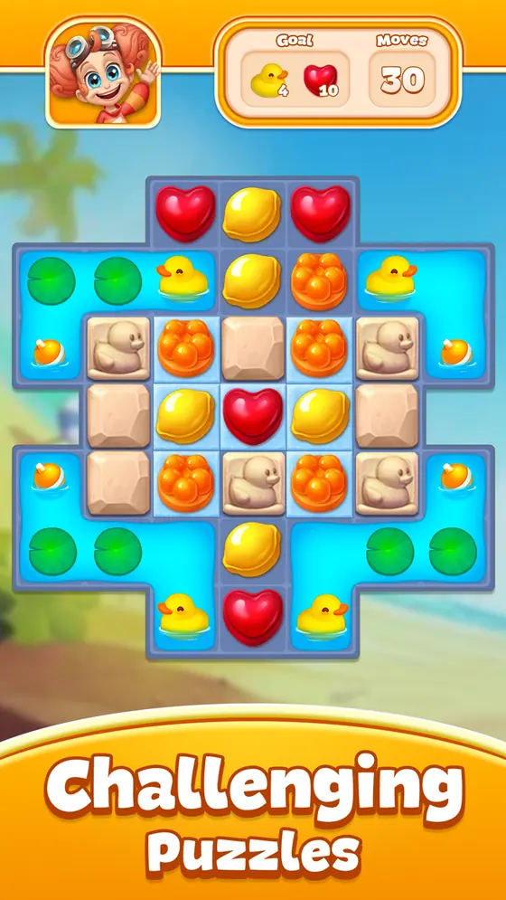 Candy Pop Story water stage where ducks and heart pieces must be cleared within thirty moves